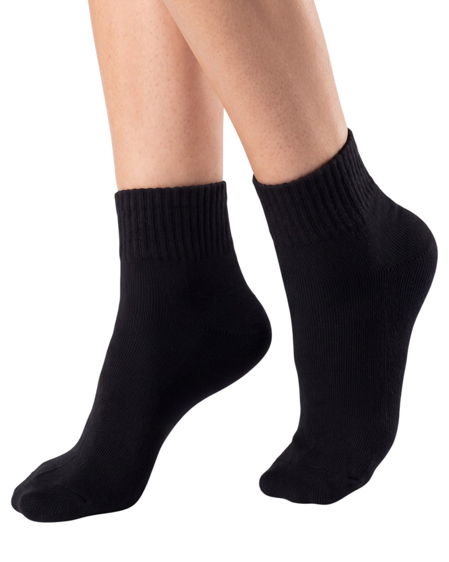 Women's black cotton quarter socks featuring a soft knitted texture, ribbed cuffs, and a comfortable fit for everyday wear.