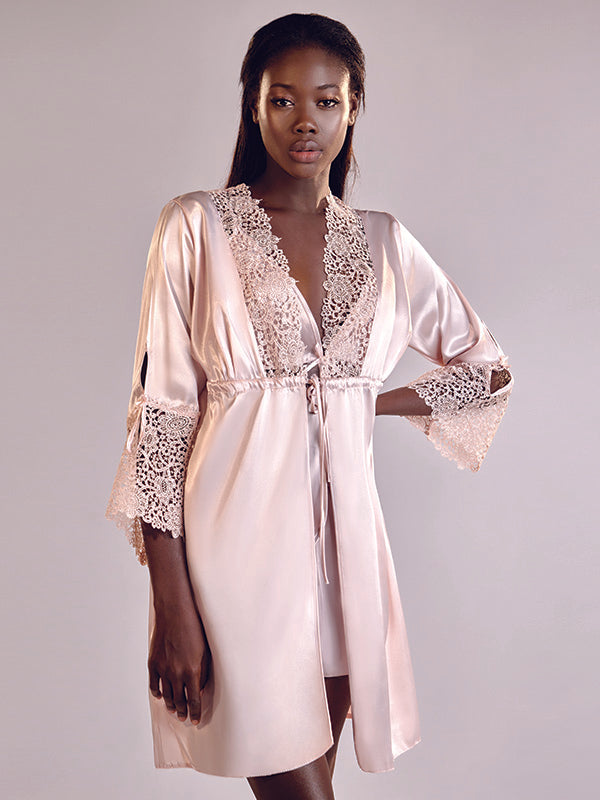 Long Sleeve Babydoll Robe with Delicate Embroidered Hands