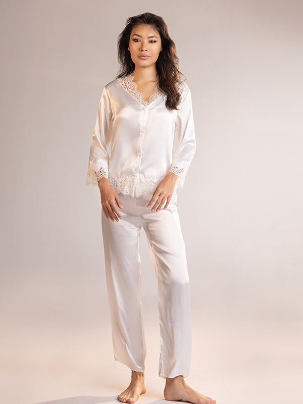 Luxurious Longbridal Pajama Pants, Crop Top, and Sleeve Robe