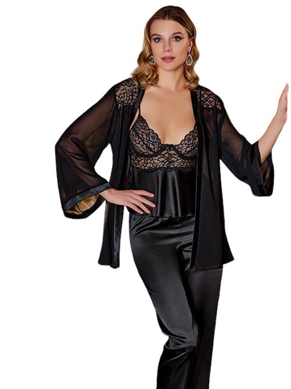 Elegant Satin Pants Set with Embroidery and Ruffle Accents