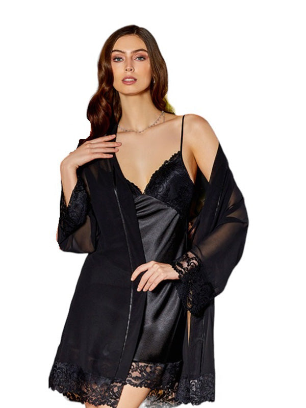 Sleek and Chic Satin V-neck Dress with Matching Robe