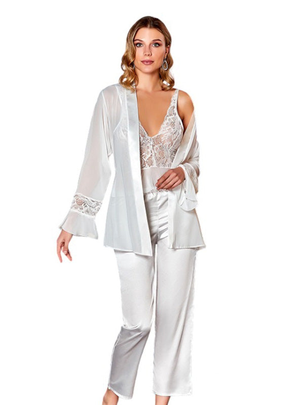 Elegant Embroidered V-neck Top with Coordinating Plain Pants and Robe Set