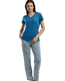  Women’s Blue Slogan T-Shirt & Abstract Print Pajama Set