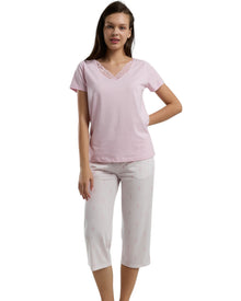 Women’s Light Pink Lace Neck T-Shirt & Capri Pajama Set