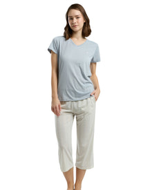  Women’s Light Blue V-Neck T-Shirt & Printed Capri Pajama Set