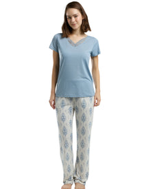  Women’s Blue Lace Trim Top & Printed Pajama Set