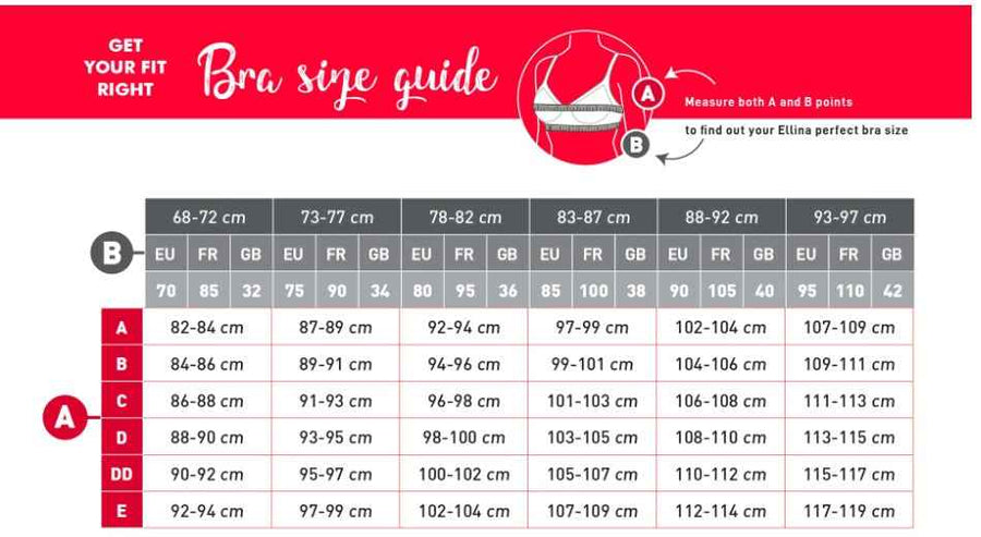 Ellina Bra Size Guide chart showing EU, FR, and international sizing for accurate fit. Helps find perfect DD cup size for Ellina 2025 Everyday Lace Bra.