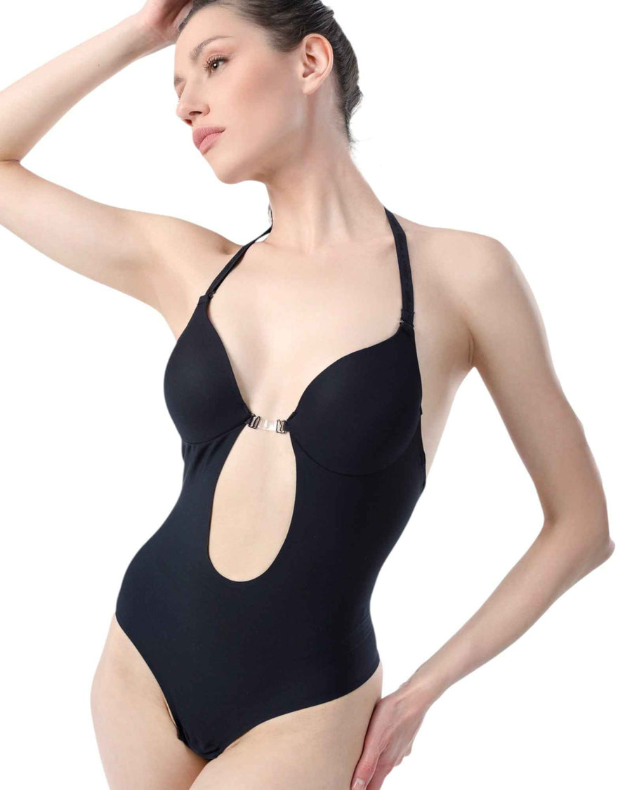 Side view of black bodysuit with halter neckline and front cut-out. Shop 3-way adjustable shapewear for stylish support and contouring.
