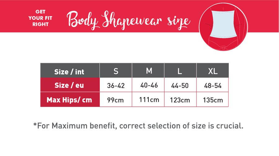 Body shapewear size chart for high-waisted seamless briefs, showing EU sizes and max hip measurements for S to XL. Accurate sizing ensures best fit.