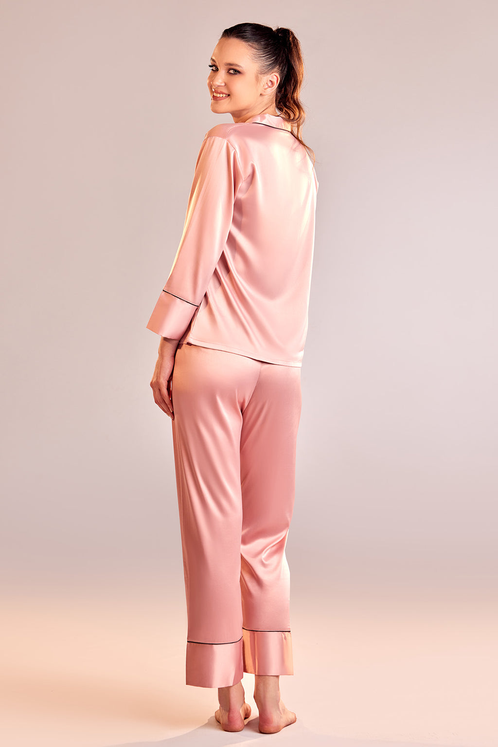 Long Satin Pajamas Set with Elegant Button-Front Top