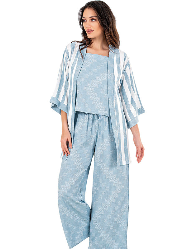 A Printed Pajama Set with Matching striped Short Cardigan